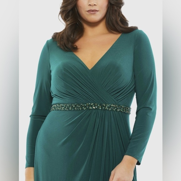 MAC DUGGAL 67899 NWT Beaded Belt Jersey Faux Wrap Long Sleeve Gown - Picture 2 of 7